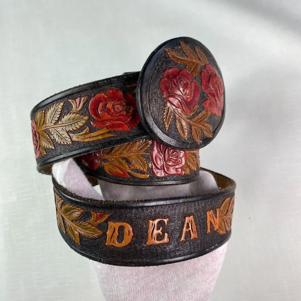 Hand Tooled LEATHER Western Belt "DEAN"! 3D Roses Personalized Handmade Sz 42 - Picture 3 of 16
